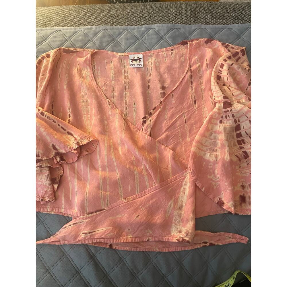 Fan Ruffled Short Sleeved Cross Over TieDye Tied Crop Top Natural Casual